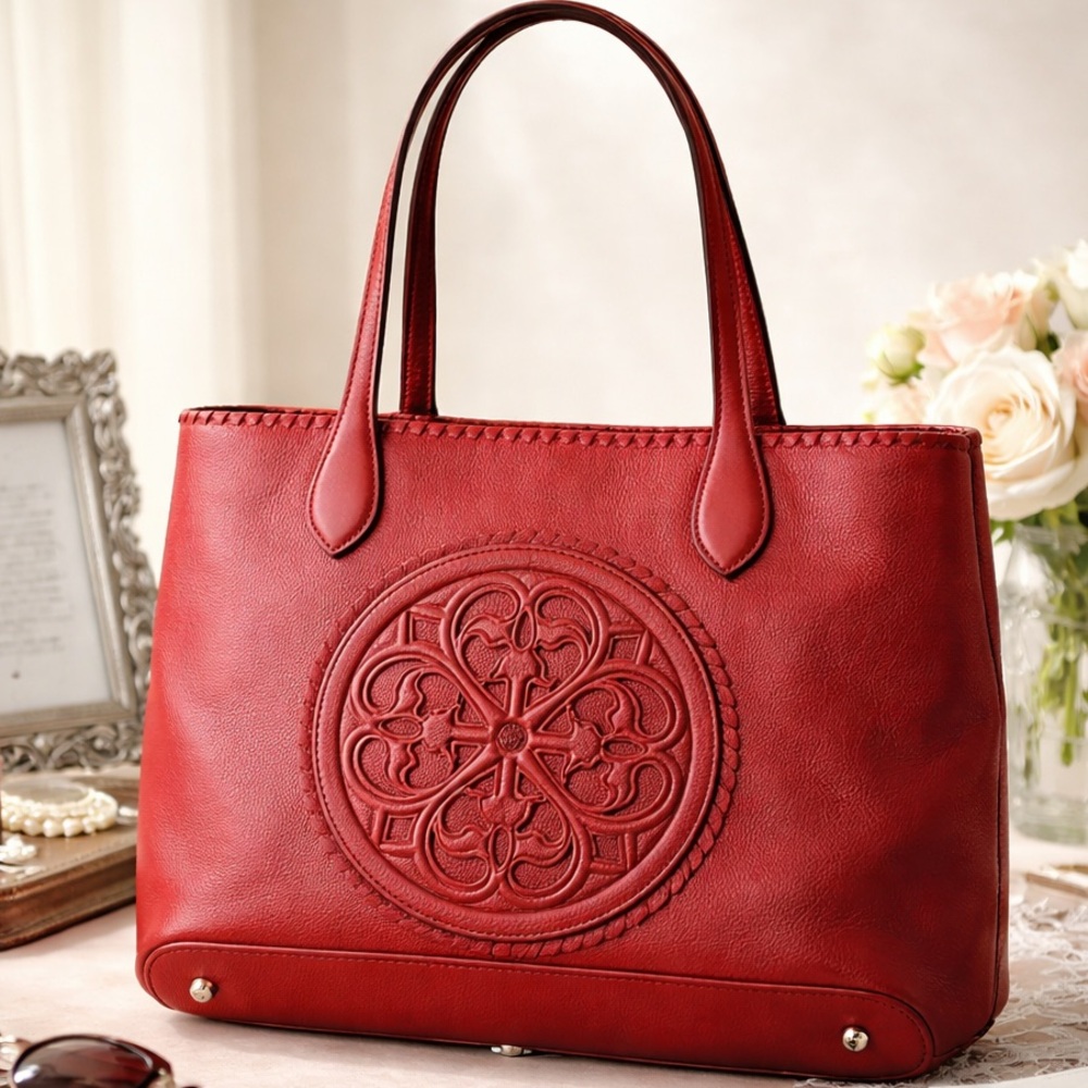 Brighton Red Leather Embossed Medallion Tote Bag Boho Artisan Large